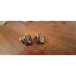 Joan Rivers Black/Blue Enamel with Green Crystal Earrings in a Ribbon Design